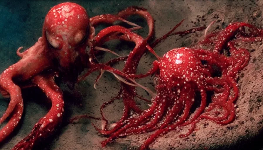 Image similar to Big budget horror movie, a squid bloodily rips off a cyborgs head