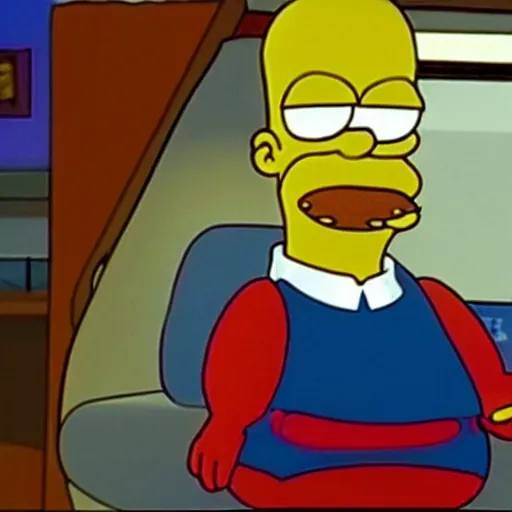 Image similar to a still of a public acess tv show of a man poorly dressed like homer simpson