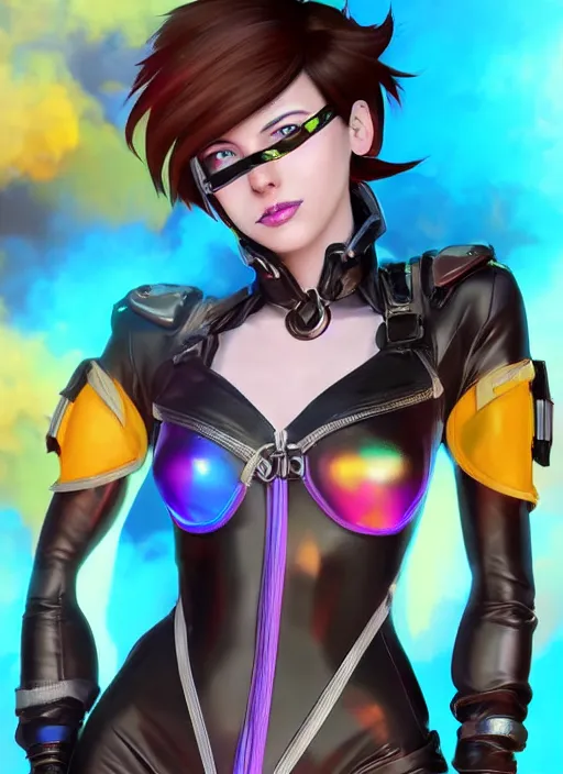Image similar to portrait bust digital artwork of tracer overwatch, wearing iridescent rainbow latex and leather straps catsuit outfit, makeup, in style of mark arian, angel wings, wearing detailed leather collar, chains, black leather harness, detailed face and eyes,