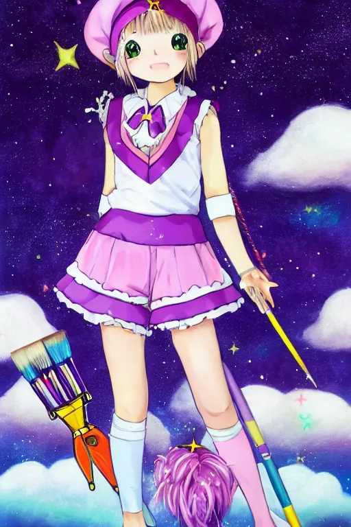 Prompt: A full body anime drawing of a magical girl holding a paintbrush with short blond hair and freckles wearing an oversized purple Beret, Purple overall shorts, jester shoes, and white leggings covered in stars. Surrounded by clouds and the night sky. Rainbow accents on outfit. Cardcaptor Sakura inspired. By Naoko Takeuchi. By CLAMP. By WLOP.