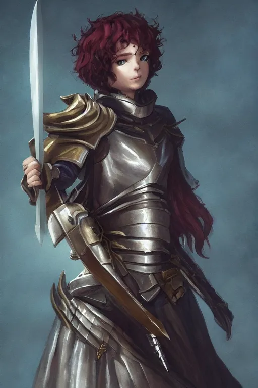 Image similar to a small paladin holding a starknife, character art portrait, anime key visual, official media, illustrated by tom bagshaw, wlop, kentaro miura, extremely detailed, 8 k, trending on artstation, cinematic lighting, beautiful