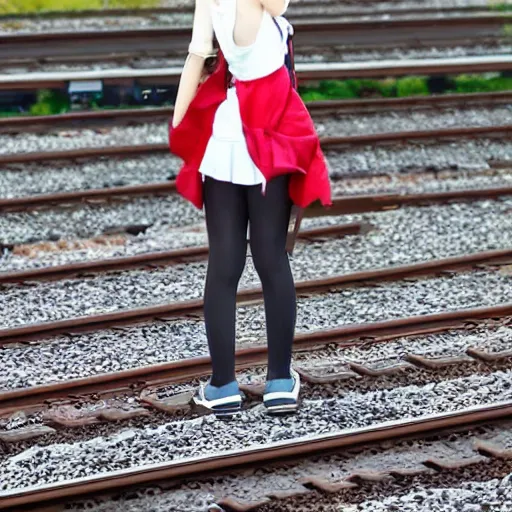 Image similar to a cute anime girl standing on the edge of a moving train