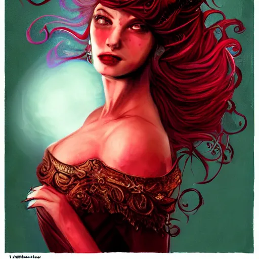 Image similar to urban fantasy character portrait of the goddess of trysts, ownership, hospitality and epiphanies, a vision in a scarlet ballgown, with raven tresses artfully atop her head, intoxicating, slight, asymmetrical face, inescapable presence, every line of perspective, every gaze, every beam of light curves towards Her, adulation