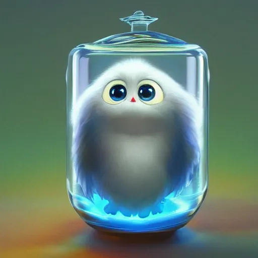 Prompt: cutie fluffy creature with big eyes in a jar, digital art, 3 d, octave render, masterpiece, mega detailed, pixar, disney, vivid illustration, fantasy, by george stubbs, frederic leighton, james jean