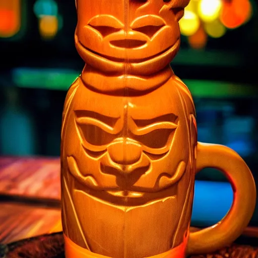 Image similar to a closeup photorealistic photograph of an orange cat garfield style tiki mug sitting on a trader vic's bar featuring garfield's face. tiki party. bright scene. fine detail. this 4 k hd image is trending on artstation, featured on behance, well - rendered, extra crisp, features intricate detail, epic composition and the style of unreal engine.