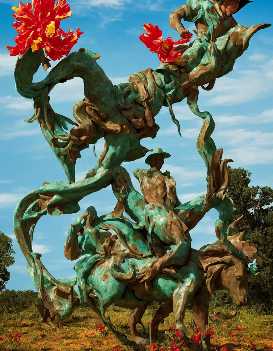 Image similar to a cowboy turning into blooms by slim aarons, by zhang kechun, by lynda benglis, by frank frazetta. tropical sea slugs, angular sharp tractor tires. bold complementary vivid colors. warm soft volumetric light. 8 k, 3 d render in octane. a manly cowboy riding wild flowers sculpture by antonio canova. jade green