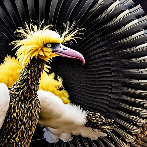 Image similar to portrait of big bird flying majestically into a jet engine, correct face, bloody jet engine, guts and feathers everywhere, uhd hyperdetailed photo by annie leibowitz 5 0 mm lens