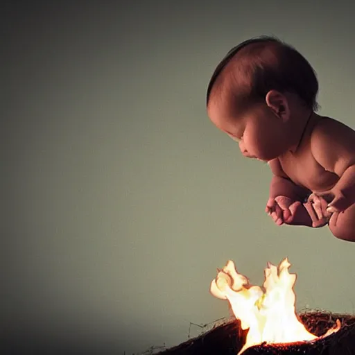 Prompt: a baby flying out of a catapult. on fire. Award-winning photograph