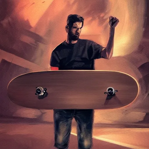 Image similar to a man holding a skateboard standing in front of a car, concept art by zack snyder, featured on cgsociety, retrofuturism, retrowave, synthwave, outrun