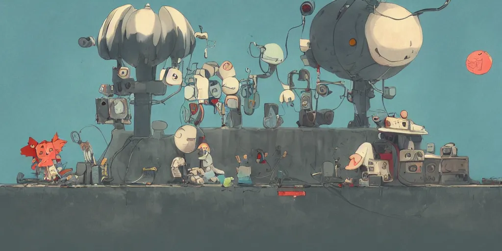 Prompt: cute anime monsters listening to record players by Goro Fujita and Simon Stalenhag and Banksy and Hieronymous Bosch and Edward Gorey, 8k, trending on artstation, hyper detailed, cinematic