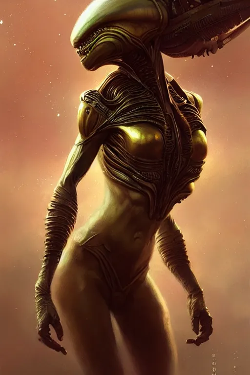 Image similar to alien superstar profile picture by Greg Rutkowski, dynamic pose, matte painting, intricate, fantasy concept art, elegant, by Stanley Artgerm Lau, WLOP, golden ratio, thomas kindkade, alphonse mucha, loish, norman Rockwell,