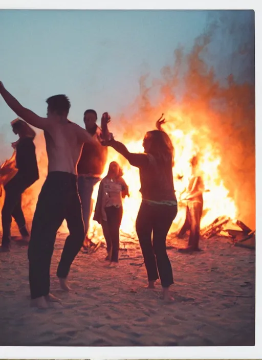 Image similar to photograph of people dancing around a bonfire on the beach, flash polaroid, golden hour