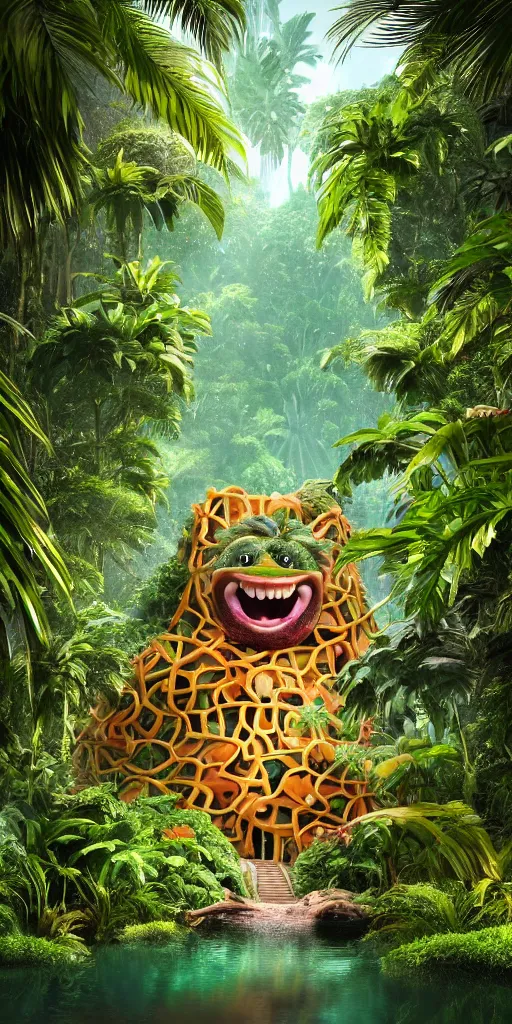 Image similar to of a tropical rainforest lake with strange cute friendly happy creatures with huge eyes, mouth, long tongue, round teeth and goofy face, appearing from the treesl, in the style of gehry and gaudi, macro lens, shallow depth of field, ultra detailed, digital painting, trending artstation, concept art, illustration, cinematic lighting, photorealism, epic, octane render