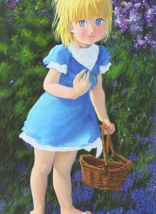 Image similar to a cute little girl with golden blonde hair and blue eyes standing in a picturesque french village wearing a sky blue summer dress. detailed face. beautiful painting by hayao miyazaki