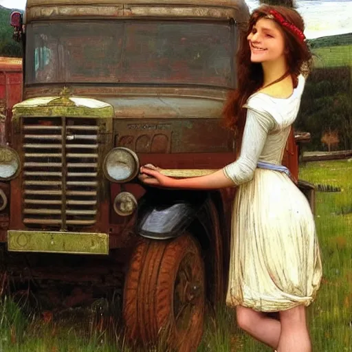 Prompt: two very very very beautiful women standing in front of a truck, smiling, flirty, perfect face, perfect body, digital art by john william waterhouse