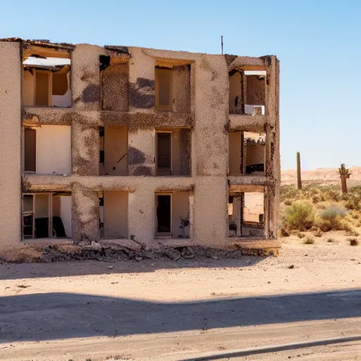 Prompt: abandoned apartment building in the middle of the desert