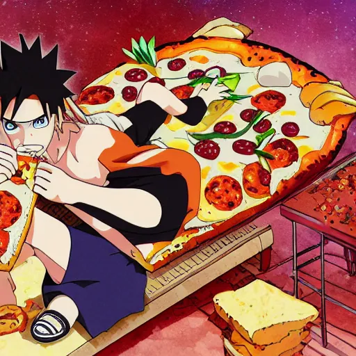 Image similar to naruto eating pizza for breakfast on luna, with dancing sandals, anime illustration, detailed