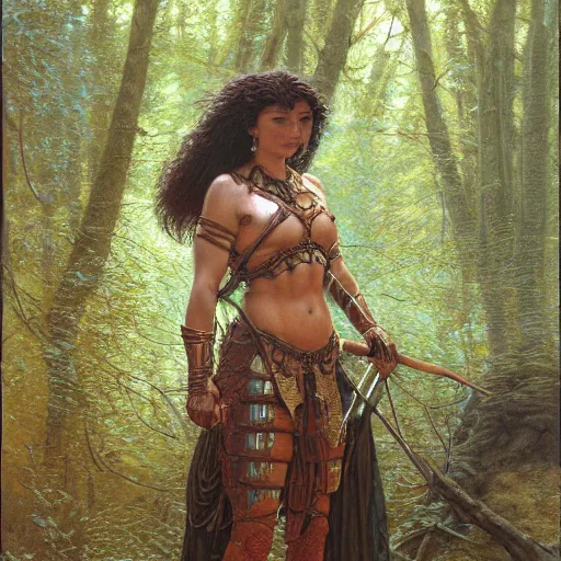 Image similar to a detailed, beautiful oil painting of a warrior woman who looks like keisha castle hughes, wearing intricate, etched copper armor in an ancient forest, by michael whelan, donato giancola, and william adolphe bouguereau