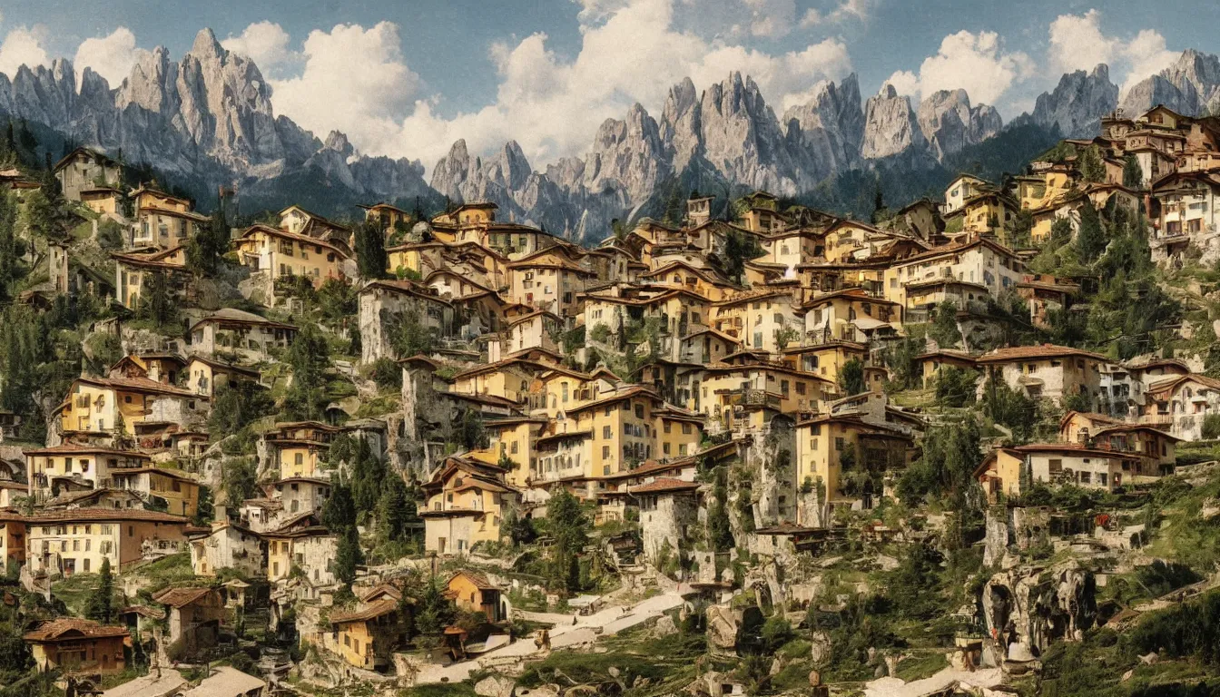 Prompt: an italian town in the dolomites mountains, maximalism