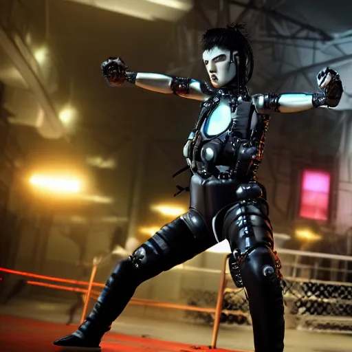 Prompt: a female cybernetic punk/martial-artists in a combat stance Photorealistic HD 8k highlights and shadow detailed High Resolution