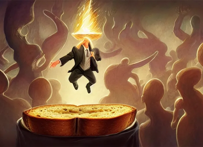 Prompt: a single giant magical piece of toast with a stern facial expression wearing a business suit and floating in the air, a crowd of breadloaves bowing down below, by marco bucci and frank frazetta, magic : the gathering fantasy concept art, high resolution, fantasy coloring, intricate, digital painting, artstation, smooth, sharp focus