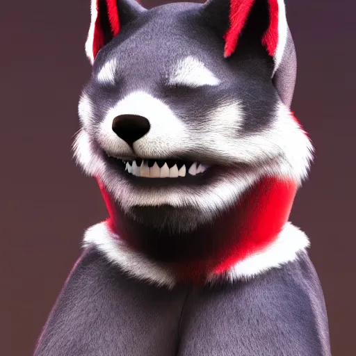 Image similar to anthro furry canine with black and red fur in a military outfit, 4 k, detailed, global illumination, chromatic aberration, studio lighting, strong pose