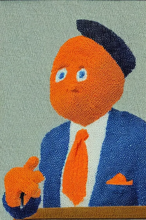 Image similar to a scene depicting a orange haired character wearing a suit made from linen and transparent plastic, pointillism, super detailed, soft light