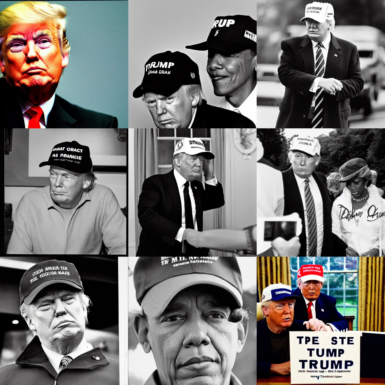 Prompt: Donald Trump in a cap with the text Barack Obama, 35mm photography