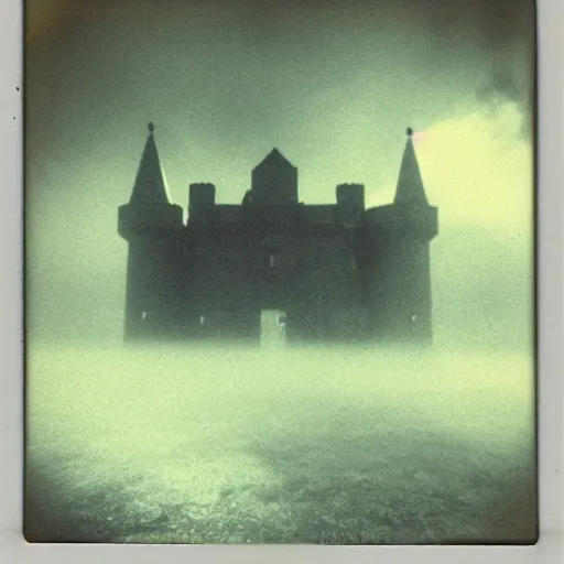 Prompt: you are lost in an old abandoned castle, hard to breathe, polaroid, laminal space, foggy