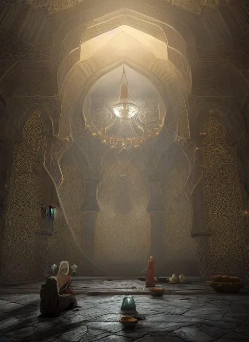 Prompt: muslim mosque, ultra detailed fantasy, elden ring, realistic, dnd character portrait, full body, dnd, rpg, lotr game design fanart by concept art, behance hd, artstation, deviantart, global illumination radiating a glowing aura global illumination ray tracing hdr render in unreal engine 5