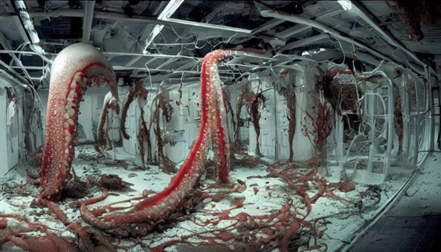 Prompt: Big budget horror movie set in an undersea biolab splattered with blood, where a giant squid attacks a cyborg