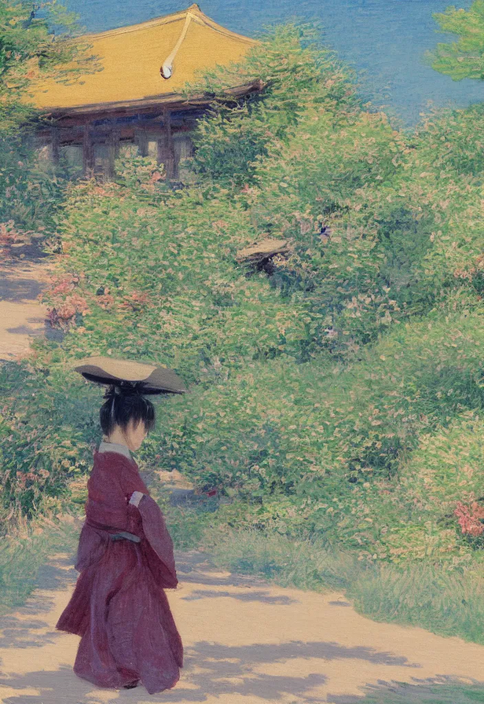 Prompt: tiny samurai in front of a beautiful japanese country side landscape, edo era house in the background, blue sky, magnificient clouds, lofi vibe, vivide colors, amazing light, really beautiful nature, oil painting, impressionist style, by jeremy lipkin, by claude monet, by ghibli, kandinsky touches, multiple brush strokes, masterpiece