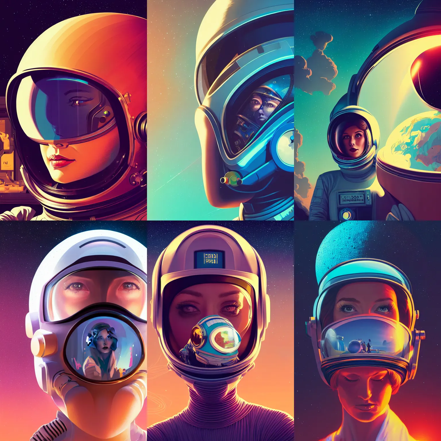 Prompt: retrofuturistic portrait of a woman in astronaut helmet, planet graphic art in background, close up, dan mumford, liam brazier, peter mohrbacher, xf iq 4, f / 1. 4, iso 2 0 0, 1 / 1 6 0 s, 8 k, raw, featured in artstation, octane render, cinematic, elegant, intricate, 8 k