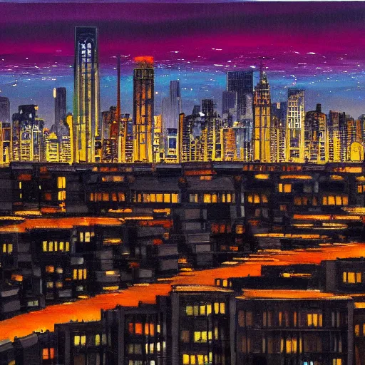 Prompt: sharp edged realistic painting of a city skyline with colorful buildings and a dark night black sky in the background