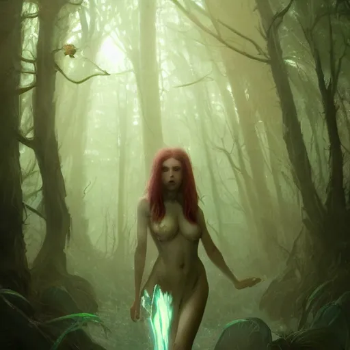 Prompt: a portrait of a gorgeous succubus in a bioluminescent ancient dark forest, greg rutkowski, 8 k, shallow depth of field, intricate detail, concept art,