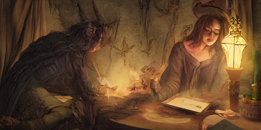 Prompt: witch doing a tarot reading, cards, fantasy, digital art, soft lighting, medium close up, highly detailed, 4 k
