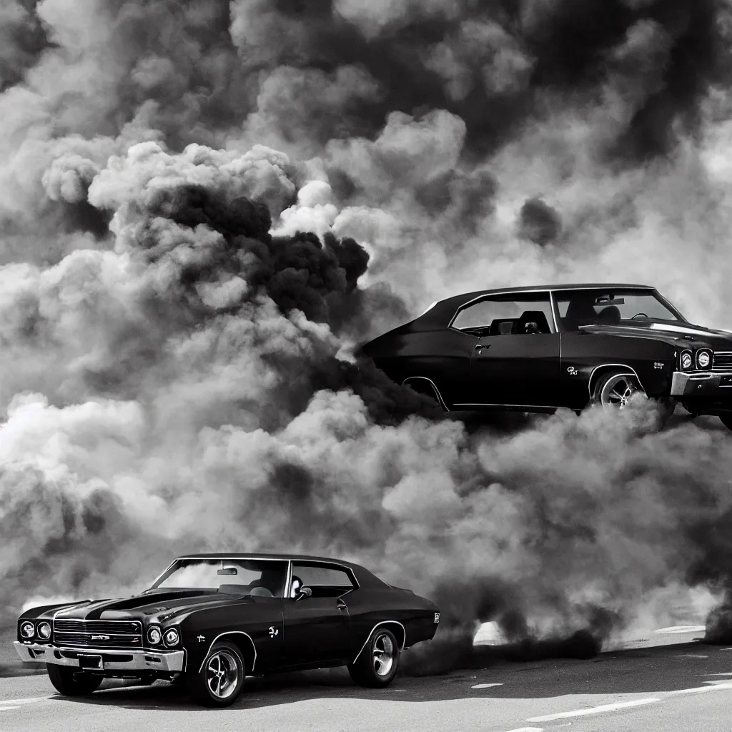 Image similar to a black 1 9 7 0 chevrolet chevelle ss driving i high speed, fire explosion in the background, action scen