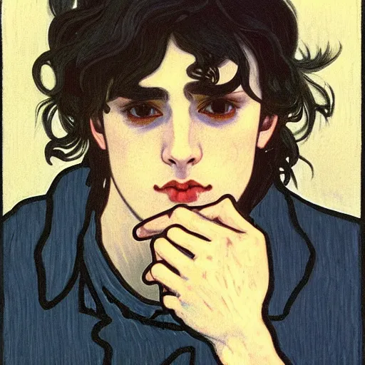 Image similar to painting of young cute handsome beautiful dark medium wavy hair man in his 2 0 s named shadow taehyung at the halloween pumpkin jack o'lantern party, depressed, melancholy, autumn, japan, elegant, clear, painting, stylized, delicate, soft facial features, delicate facial features, soft art, art by alphonse mucha, vincent van gogh, egon schiele