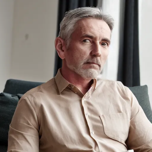 Image similar to full body photo of steve, mature male, mysterious face. he is sitting gracefully on a sofa, elegant slim beige shirt, tight shirt, big chubby belly