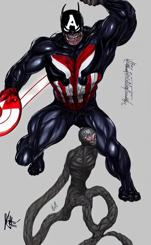 Image similar to full body portrait of venom as captain america, dynamic lighting, cinematic, ultra detailed, trending on art station, stunning visuals, creative, fantasy concept art