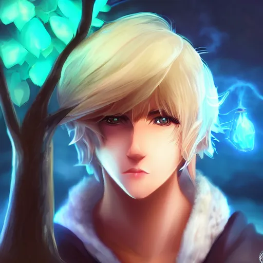 Image similar to league of legends character style of teenager cute boy, blonde hair, blue eyes, kissing with tree, close up, cinematic light, dark room, detailed, photo, 8K