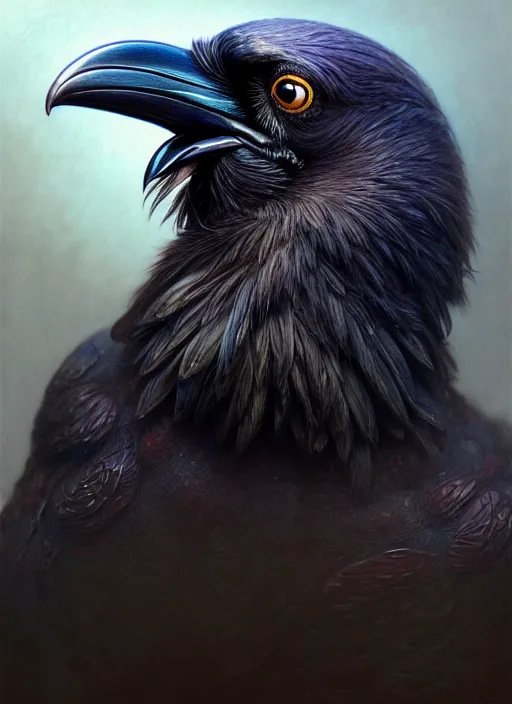 Image similar to closeup portrait of a raven, realistic, professionally, professionally color graded, intricate, elegant, highly detailed, centered, digital painting, artstation, concept art, smooth, sharp focus, illustration, artgerm, tomasz alen kopera, peter mohrbacher, donato giancola, mucha, joseph christian leyendecker, wlop, boris vallejo