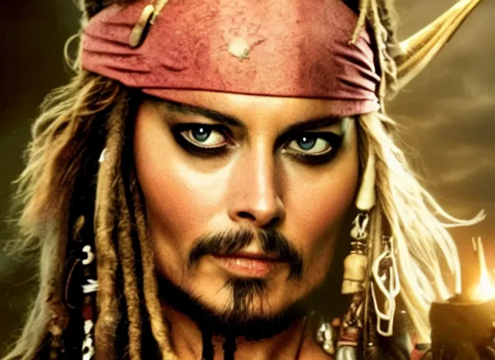 Image similar to film still of Margot Robbie as Captain Jack Sparrow in new Pirates of the Caribbean movie, 4k