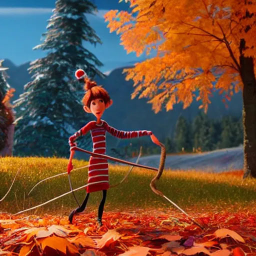 Image similar to a stopmotion animation character, a beautiful canadian woman, pulling weeds out frantically, some grey hair, stripey pants, canadian maple leaves, mountains, autumn, octane render, 8 k, kubo and the two strings, jan svankmayer, disney, pixar,