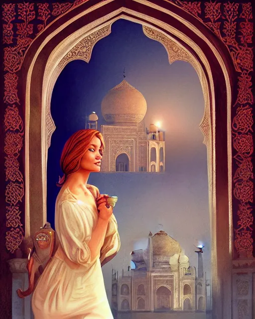 Prompt: tuesday weld visits the taj mahal by charlie bowater, by francine van hove, by alex horley, by tom chambers, by victor prezio