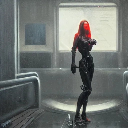 Image similar to detailed portrait of a biomechanical woman, moment, cyberpunk cloisters, electronic billboards, tech noir, wet reflections, atmospheric, ambient, livia prima, greg rutkowski, edward hopper, pj crook