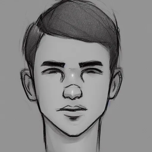 Image similar to sketch of a teenage boy with very short side part hair smiling trending on artstation