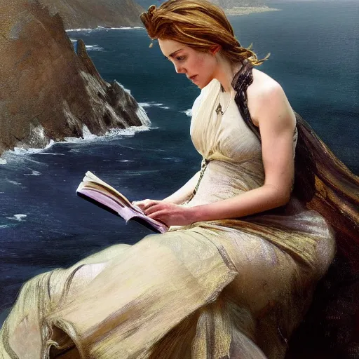 Prompt: hyperrealist portrait of a woman as amber heard reading a book atop a windy cliff by jeremy mann and alphonse mucha, fantasy art, photo realistic, dynamic lighting, artstation, poster, volumetric lighting, very detailed faces, 4 k, award winning