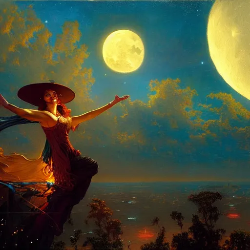 Image similar to attractive witch magically flying trough the night, fantasy, full moon in background. highly detailed painting by gaston bussiere, craig mullins, j. c. leyendecker 8 k