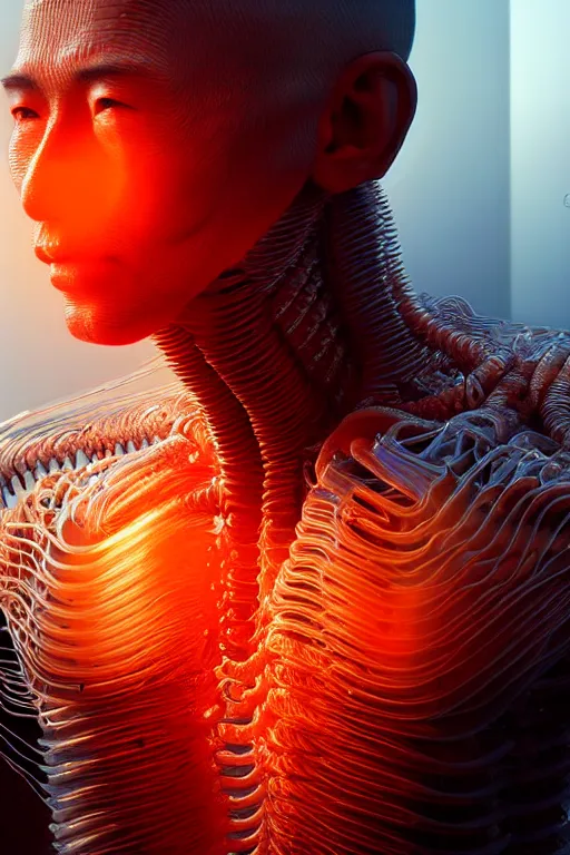 Image similar to hyperrealistic close-up translucent intricate exoskeleton!! sad chinese man covered highly detailed concept art eric zener elson peter cinematic side soft orange light high angle hd 8k sharp shallow depth of field